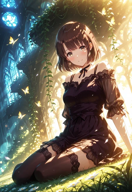safe_pos, dynamic view, dutch angle, dynamic angle, cinematic framing, (digital painting:0.8), auralora, (aura:0.2), mythp0rt, bokeh, (luminescent background:0.8), elegant, masterpiece, best quality, highly detailed, high contrast, dramatic shadows, raytracing, subsurface scattering, fantasy garden, dress, off shoulder, thigh high stockings, glowing butterflies, floating petals, magical sparkles, translucent fabric, ribbon choker, soft blush, gentle smile, sitting on grass, flower vines , looking at viewer, (solo), 1girl,Megumi <lora:IL-KatoMegumi:0.8>,brown hair,katou megumi,brown eyes,medium breasts,short hair, ((detailed eyes))