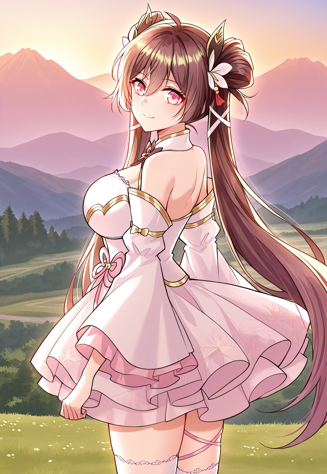 <lora:It_Starts_With_The_Confession_To_The_Beauty_Master__Zhang_Luoyan:1>
1 girl, solo, long hair, brown hair, twin tails, hair buns, pink-red eyes, hair between eyes, twin buns with ribbons, floral ornaments, 
white frilled dress, short skirt, detached sleeves, layered sleeves, pink waist ribbon, large chest bow, golden trim, layered fabric, white thigh-high stockings, garter straps, 
flower anklets, platform sandals, strappy shoes, bow-tie heels, petal-shaped hem
score_9, score_8_up, score_7_up, source anime, BREAK, cowboy shot, (from side), looking back, looking at viewer, overlooking mountain, high altitude, scenery, exterior, background