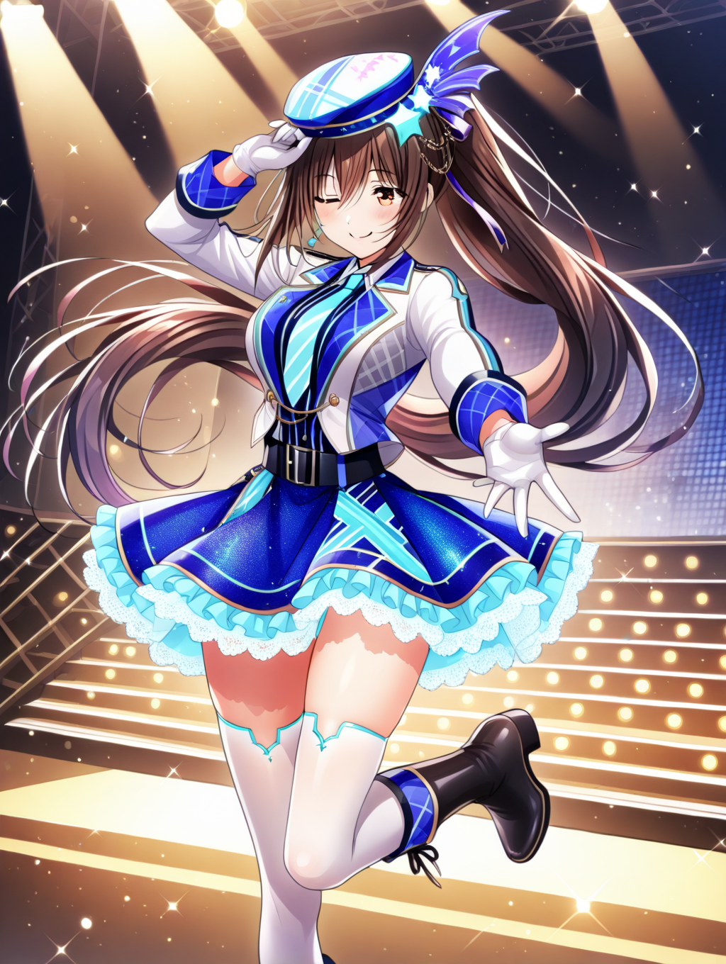 perfect quality,best quality,absolutely eye-catching,ambient occlusion,raytracing BREAK
1girl,<lora:hanayome IL v1.1_1:0.8>,utahosi,brown hair,ponytail,hat,hair ornament,idol,long sleeves,belt,miniskirt,lace trim,white thighhighs,black boots,stage,stage lights,light particles,solo,