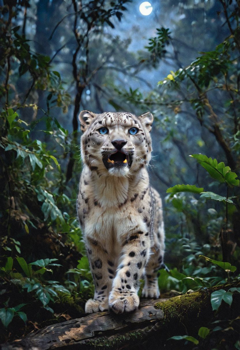 A majestic snow leopard with thick, spotted white fur and piercing blue eyes walks gracefully through a dense jungle at midnight. Soft moonlight filters through the canopy, casting an ethereal glow on the leopard and the surrounding foliage. The air is filled with the sounds of the night: distant owl calls, rustling leaves, and chirping insects. The snow leopard pauses and turns to snarl at the viewer, its sharp teeth bared and eyes gleaming, exuding strength and mystery as it navigates the moonlit jungle. high details, realistic, photo