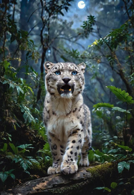 A majestic snow leopard with thick, spotted white fur and piercing blue eyes walks gracefully through a dense jungle at midnight. Soft moonlight filters through the canopy, casting an ethereal glow on the leopard and the surrounding foliage. The air is filled with the sounds of the night: distant owl calls, rustling leaves, and chirping insects. The snow leopard pauses and turns to snarl at the viewer, its sharp teeth bared and eyes gleaming, exuding strength and mystery as it navigates the moonlit jungle. high details, realistic, photo