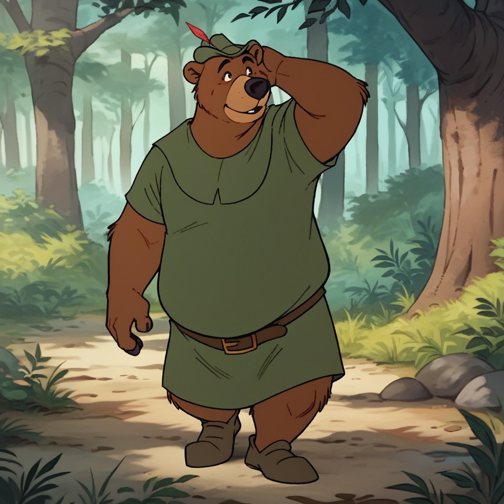 score_9, score_8_up, score_7_up, score_6_up, score_5_up, score_4_up, source_furry, LittleJohnRH, semi-anthro, male, bear, brown fur, green hat, green shirt, brown shoes, brown belt,  standing, in forest,, <lora:f1ac7a6d-afd6-4432-8e8e-65baabea6fa2:0.7>