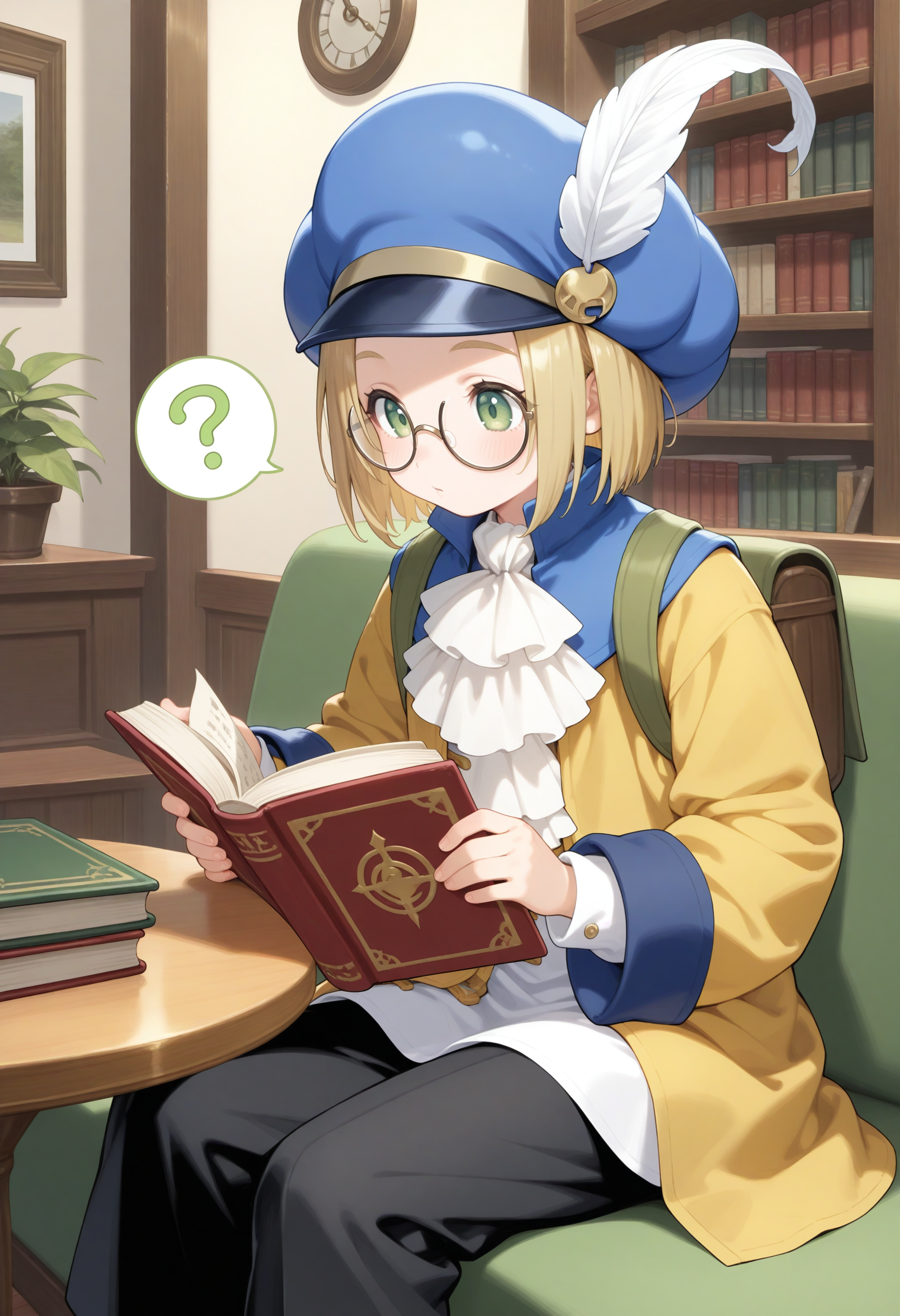 masterpiece,extreme detailed,indoors,living room,table BREAK hoimin2,1boy,glasses,blonde hair,short hair,hat,round eyewear,white ascot,blue headwear,long sleeves,green eyes,yellow jacket,black pants,<lora:hoimin_(dq)-NAI:1>,book,reading,spoken question mark,