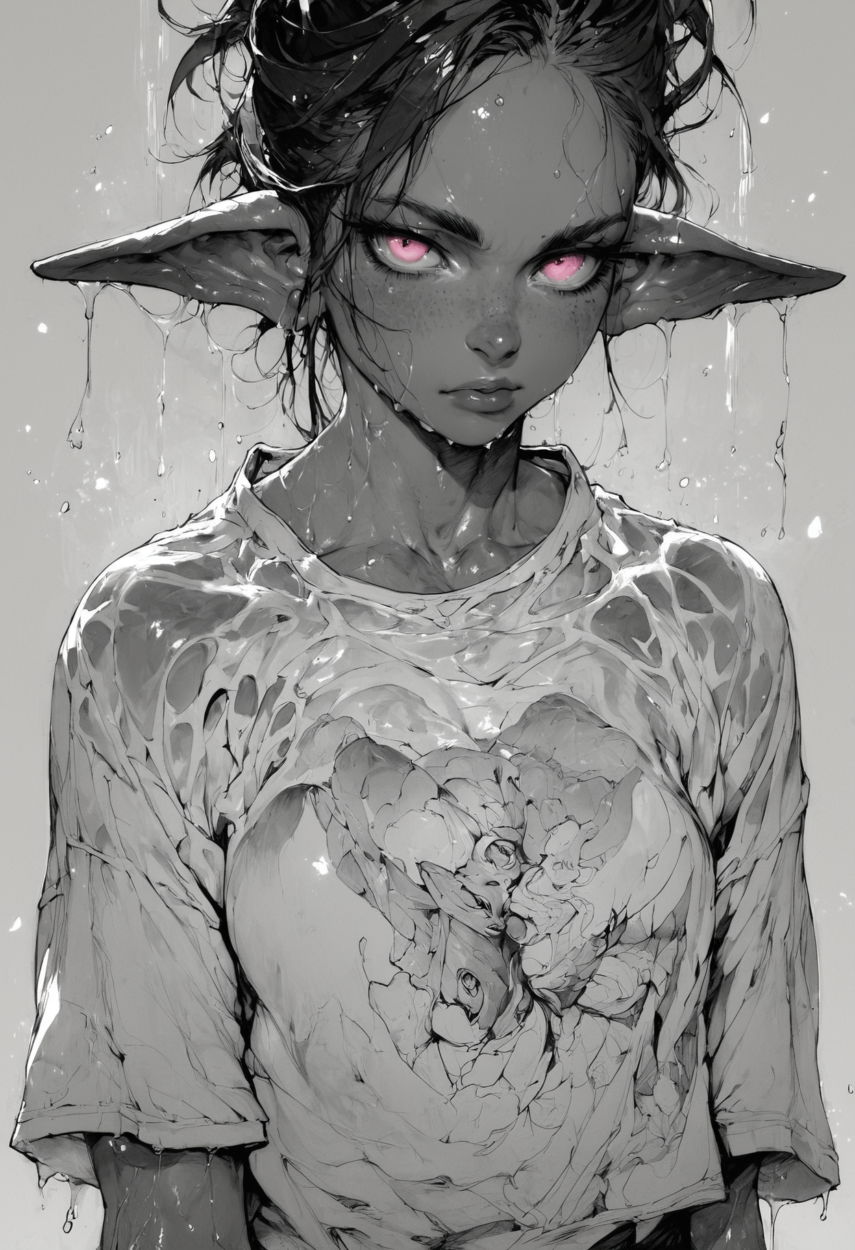 (score_9, score_8_up), score_7_up, zPDXL, solo,  <lora:MythM4ngaStyle:0.8>, source_anime, 1girl, young, curvy chest, xxl shirt, goblin ears, dark and blue skin, dark blue hair, pink eyes, wet body, black and red theme, monochrome, greyscale