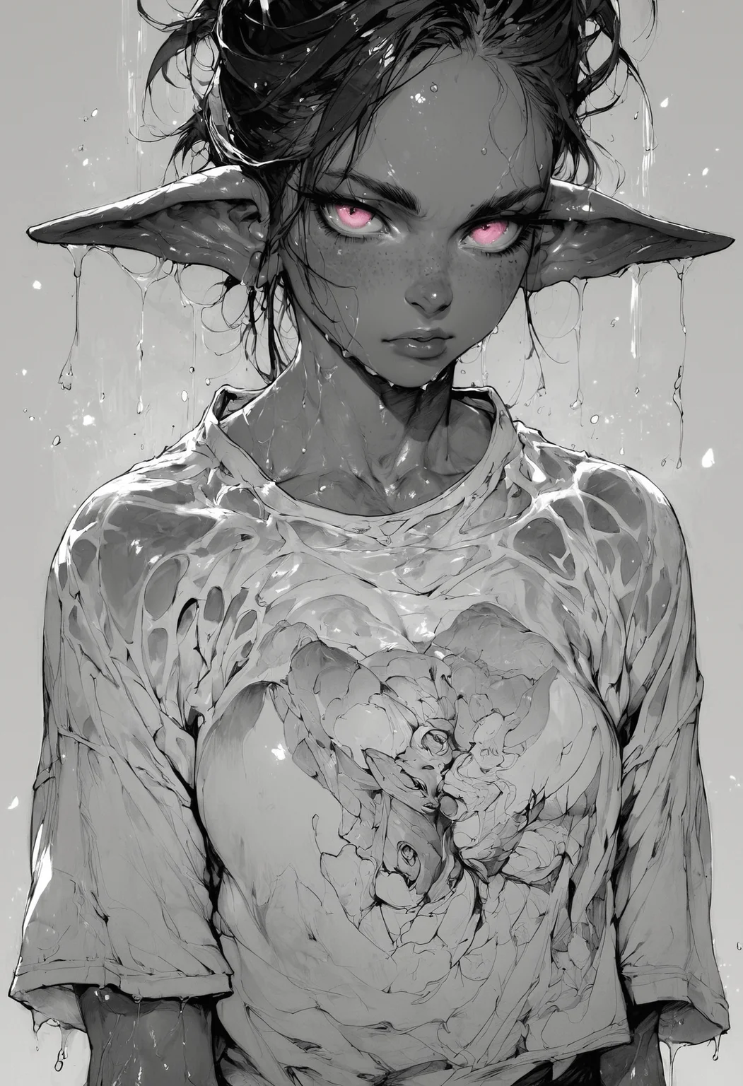 (score_9, score_8_up), score_7_up, zPDXL, solo, <lora:MythM4ngaStyle:0.8>, source_anime, 1girl, young, curvy chest, xxl shirt, goblin ears, dark and blue skin, dark blue hair, pink eyes, wet body, black and red theme, monochrome, greyscale