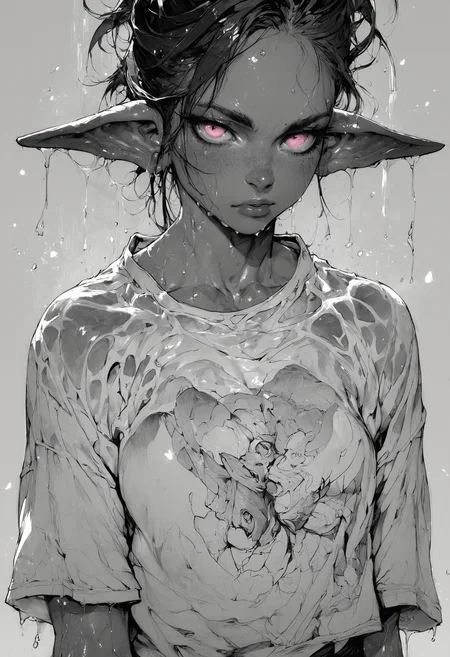 (score_9, score_8_up), score_7_up, zPDXL, solo, <lora:MythM4ngaStyle:0.8>, source_anime, 1girl, young, curvy chest, xxl shirt, goblin ears, dark and blue skin, dark blue hair, pink eyes, wet body, black and red theme, monochrome, greyscale
