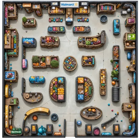 Top-down view of a Walmart. The main entrance opens to a wide grocery area, filled with colorful displays of fresh produce and packaged goods. Adjacent aisles are organized into sections for clothing, electronics, household items, and toys, with clearly marked signs overhead. The checkout area is situated at the front, featuring multiple lanes and self-checkout kiosks. A pharmacy is tucked into one corner, while a seasonal section showcases items for upcoming holidays. Throughout the store, wide aisles provide easy navigation, and strategically placed shopping carts and baskets are available for customers. The overall atmosphere is bustling and family-friendly, with a mix of bright lights and colorful signage. <lora:DD_Tabletop_RPG_Map:1> <lora:fluxenhancer:1>