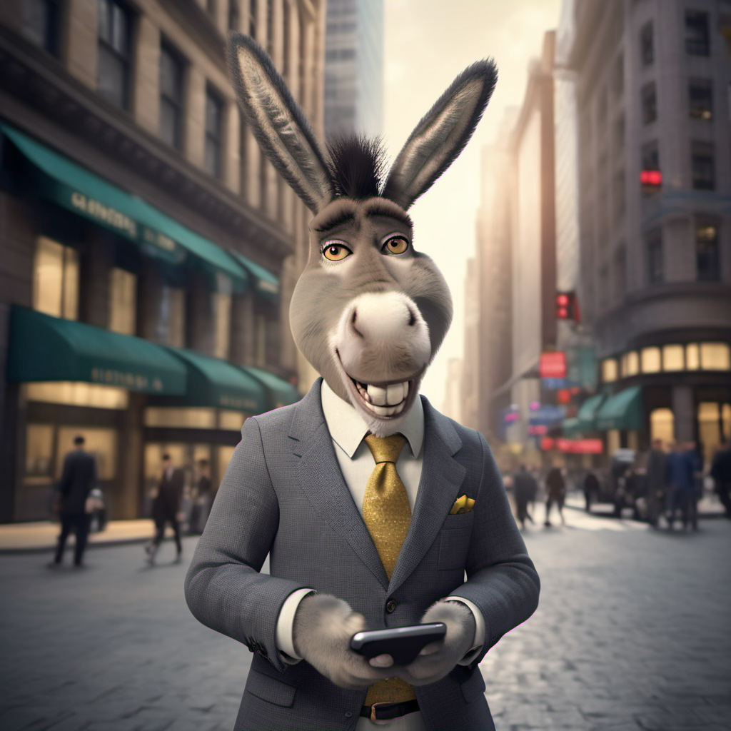cinematic photo an anthropomorphic donkey wear a stylish suit, use a smartphone,  wallstreet <lora:Donkey1024:0.8> . 35mm photograph, film, bokeh, professional, 4k, highly detailed