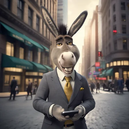 cinematic photo an anthropomorphic donkey wear a stylish suit, use a smartphone,  wallstreet <lora:Donkey1024:0.8> . 35mm photograph, film, bokeh, professional, 4k, highly detailed