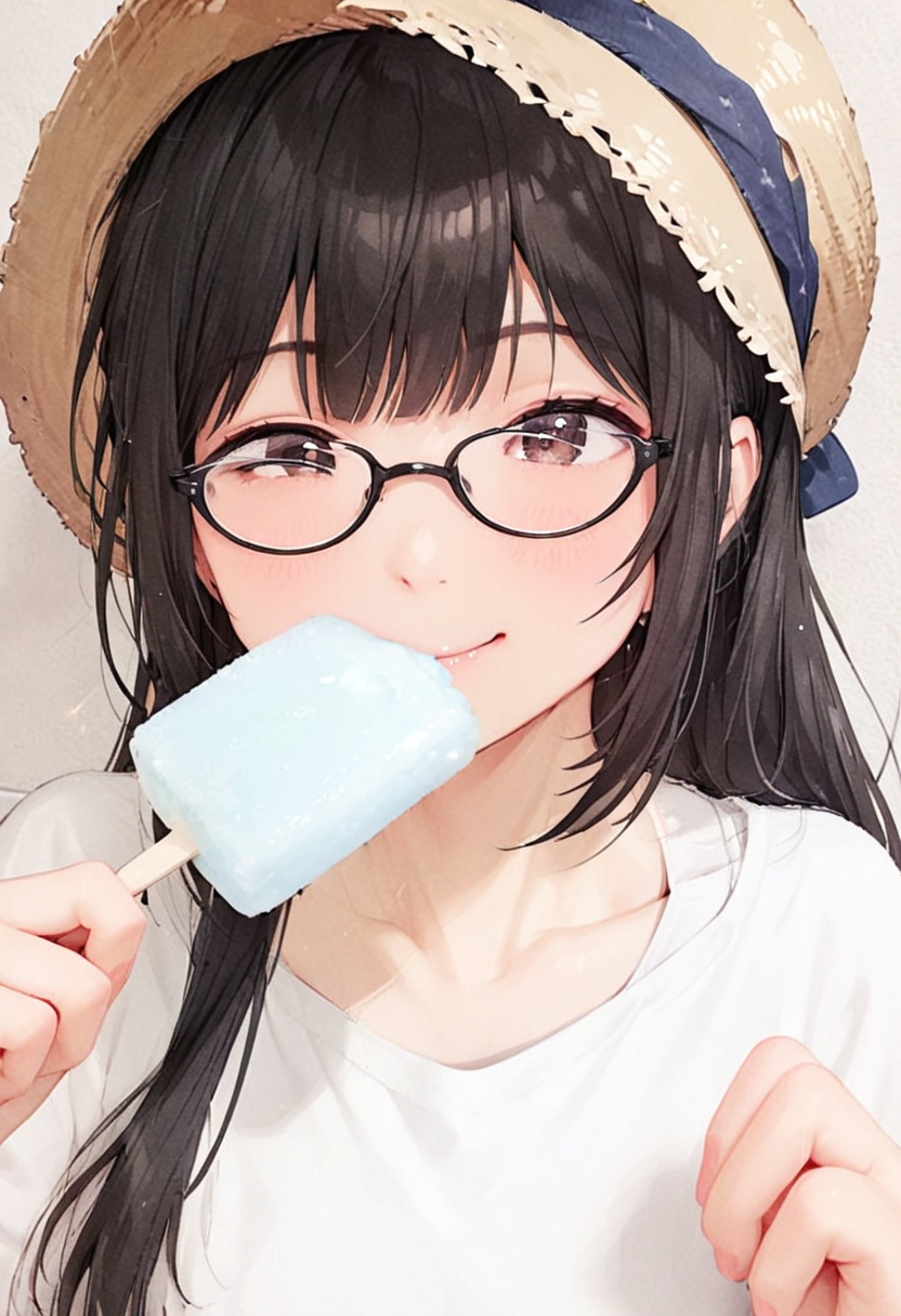 masterpiece, best quality, very aesthetic, absurdres,
garigarikun, 1girl, solo, glasses, straw hat, sundress, black hair, long hair, holding food, holding, looking at viewer, happy, smile,
food, eating,
 <lora:garigarikun_SDXL_V1:1>