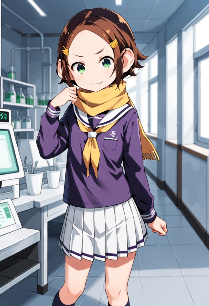 score_9, score_8_up, score_7_up, score_6_up, score_5_up, score_4_up,, 1girl, solo, original anime, Pan Saruhara, short hair, brown hair, hair ornament, chimpanzee ears, flat chest (Green eyes: 1.8).
Skirt, pleated skirt, serafuku, white skirt, shirt, purple shirt, sailor collar, white sailor collar, long sleeves, scarf, yellow scarf, knee-high socks, goggles,
Frowning face, in a laboratory, standing,