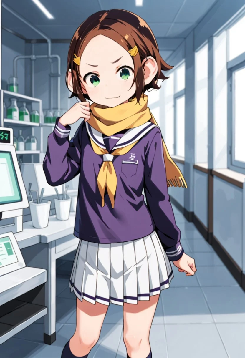 score_9, score_8_up, score_7_up, score_6_up, score_5_up, score_4_up,, 1girl, solo, original anime, Pan Saruhara, short hair, brown hair, hair ornament, chimpanzee ears, flat chest (Green eyes: 1.8).
Skirt, pleated skirt, serafuku, white skirt, shirt, purple shirt, sailor collar, white sailor collar, long sleeves, scarf, yellow scarf, knee-high socks, goggles,
Frowning face, in a laboratory, standing,
