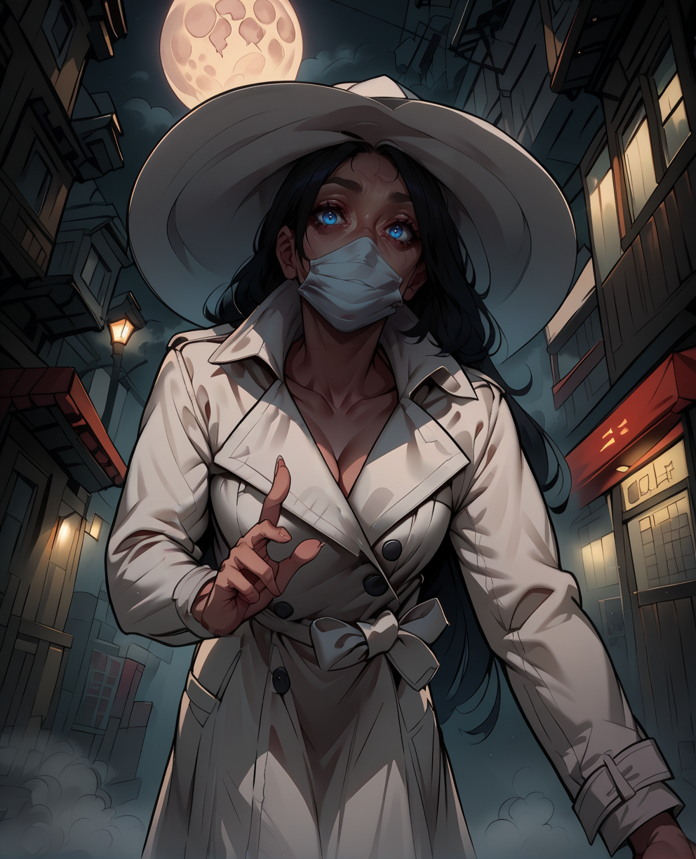 score_9,score_8_up,score_7_up,score_6_up,score_5_up,score_4_up,
kuchisakexl,blue eyes,long black hair,long hair,large white hat,white trench coat,surgical mask,empty streets,night,fog,moon,leaning forward,
from below,reaching towards viewer,
<lora:KuchisakeWHITE:1>,