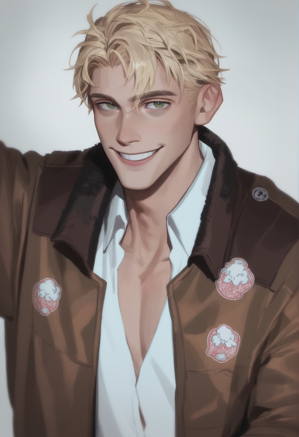 <lora:yaoyaoakaX:0.8>,yaoyaoaka,1boy,male focus,blonde hair,solo,green eyes,jacket,looking at viewer,brown jacket,shirt,smile,long sleeves,short hair,collared shirt,open clothes,white shirt,bomber jacket,, score_9,score_8_up,score_7_up,score_6_up,score_5_up,score_4_up