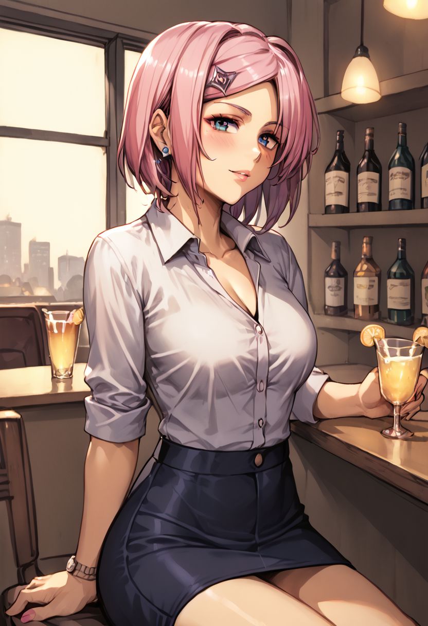 score_9,  score_8_up, score_7_up <lora:neilis--000024:1> neilis, hairclip, office lady,
1girl, light blush, drinking glass, bar, dim lighting, Sitting