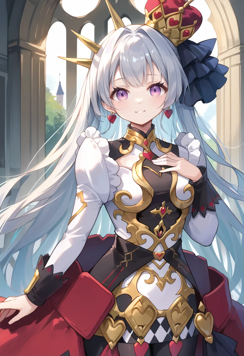 (score_9:0.9),score_8_up,score_7_up,rating_safe,anime style,(zPDXL),(zPDXL3),<lora:MALICE Queen Hearts of Crypter ponyXL v1:0.75>,mâlice queen hearts of crypter,1girl,solo,castle,red crown,looking at viewer,black pantyhose,heart halo,multicolored dress,upper body, light smile, hand on own chest,