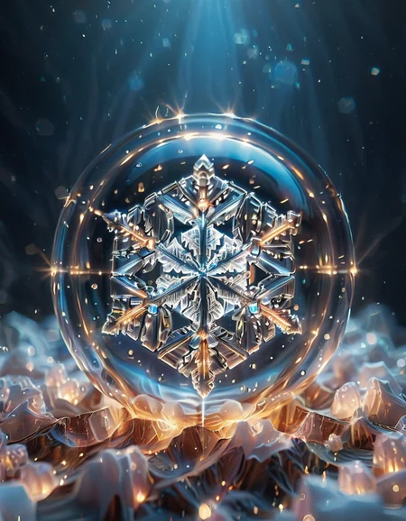 (high quality), (masterpiece), (detailed),8K, An award-winning glowing snowflake, encased in a perfectly transparent glass bubble, floats delicately within a surreal winter setting. Its intricate, symmetrical crystalline patterns radiate a mesmerizing, golden luminosity, blending warm hues of amber, peach, and soft rose that glow softly through the glass. The bubble is adorned with delicate frost patterns along its edges, reflecting and refracting the snowflake’s warm light, casting a magical aura on its surroundings. Encased within, the snowflake sparkles with fine detail, as if suspended in time, evoking feelings of joy, serenity, and wonder, captivating all who witness this breathtaking masterpiece, glowneon, geometric, GlowingInk