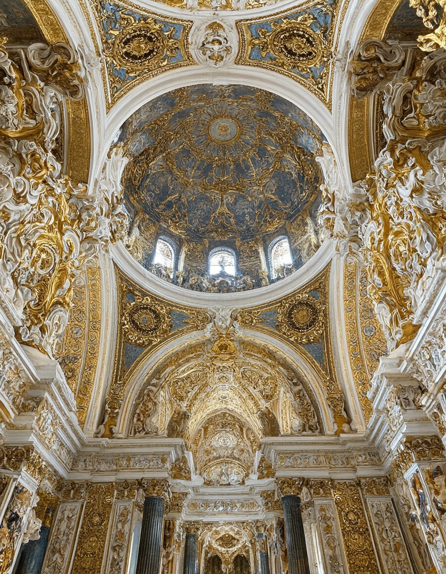 <lora:Home_R01fluxb:1> homer01, Baroque architecture, advanced, aesthetic, and, architecture, capitals, cathedral, detailed, displays, framework, geometric, glass, gold, interior, lighting, mastery, measurement, metallic, medieval painted panels, structure, carved surfaces, white, greek gold columns,