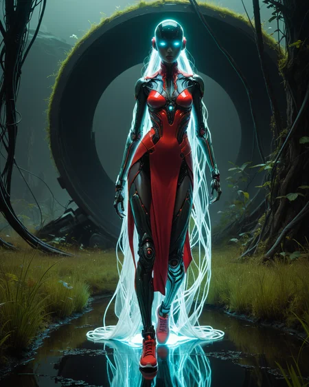 alien high tech bioengineered female humanoid giant, bioluminescence, transparency, ziprealism, Cyberpunk, iridescent, outdoors, water, reflections, grass, futuristic, technology, sci-fi, tech, wires, cables, wearing white oversize sneakers, gadgets, Digital art, detailed, artstation, by James Turrell, in the style of Rodney Matthews, dramatically lit, midnight, <lora:add-detail-xl:1> <lora:xl_more_art-full_v1:0.7> in the style of Frank Frazetta, vivid colors, (scarlet neon:1.5), intense focus, ultra hd, realistic photo, (flowing dress:1.6)