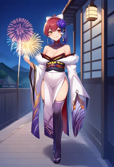 score_9, score_6_up, source_anime, 1girl, solo, full body, town, fireworks, night, marine_kimono, japanese clothes, (fur trim), wide sleeves, pelvic curtain, cleavage, hair bow, white bow, hair flower, ponytail, thighhighs, tassel, red eyes, yellow eyes, smile <lora:senchouXL-05:1>