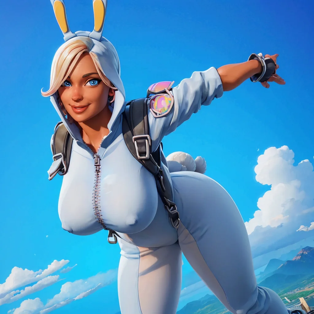 a woman skydiving in the sky, (full body), beautiful eyes, beautiful girl, high detail skin, high detail eyes, high detail hair, highres, ultra detailed, horny smile, Highly detailed,masterpiece, best quality, <lora:Bunny BrawlerPennyLoRA:1> penny, dressed, bunny, with, ears