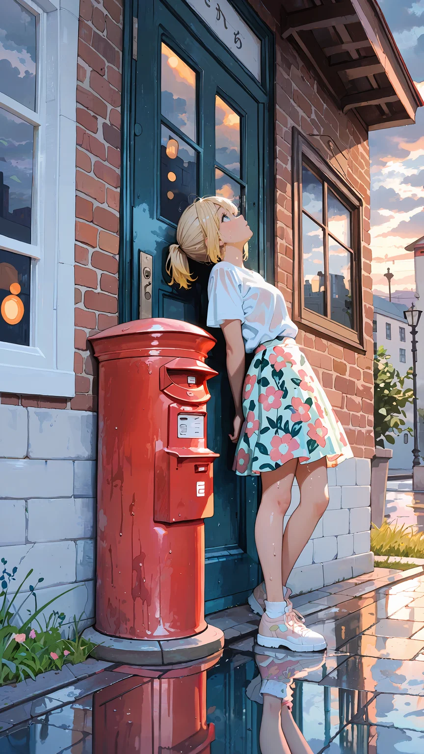 best quality, amazing quality, masterpiece, newest, shiny highlights, no lineart, (watercolor \(medium\):1.4),
1girl, floral skirt, blonde, short ponytail, looking up, leaning against wall, (leaning back:1.4) city, sidewalk, grass, wet pavement, reflective floor, postbox \(outgoing mail\), door, brick wall, cloudy sky, warm light,