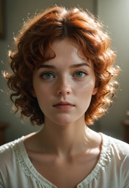 score_9, score_8_up, score_7_up, score_6_up, 1girl, round face, light freckles, short hair, curly hair, ginger hair, focus on face, green eyes, shadows, gritty, detailed