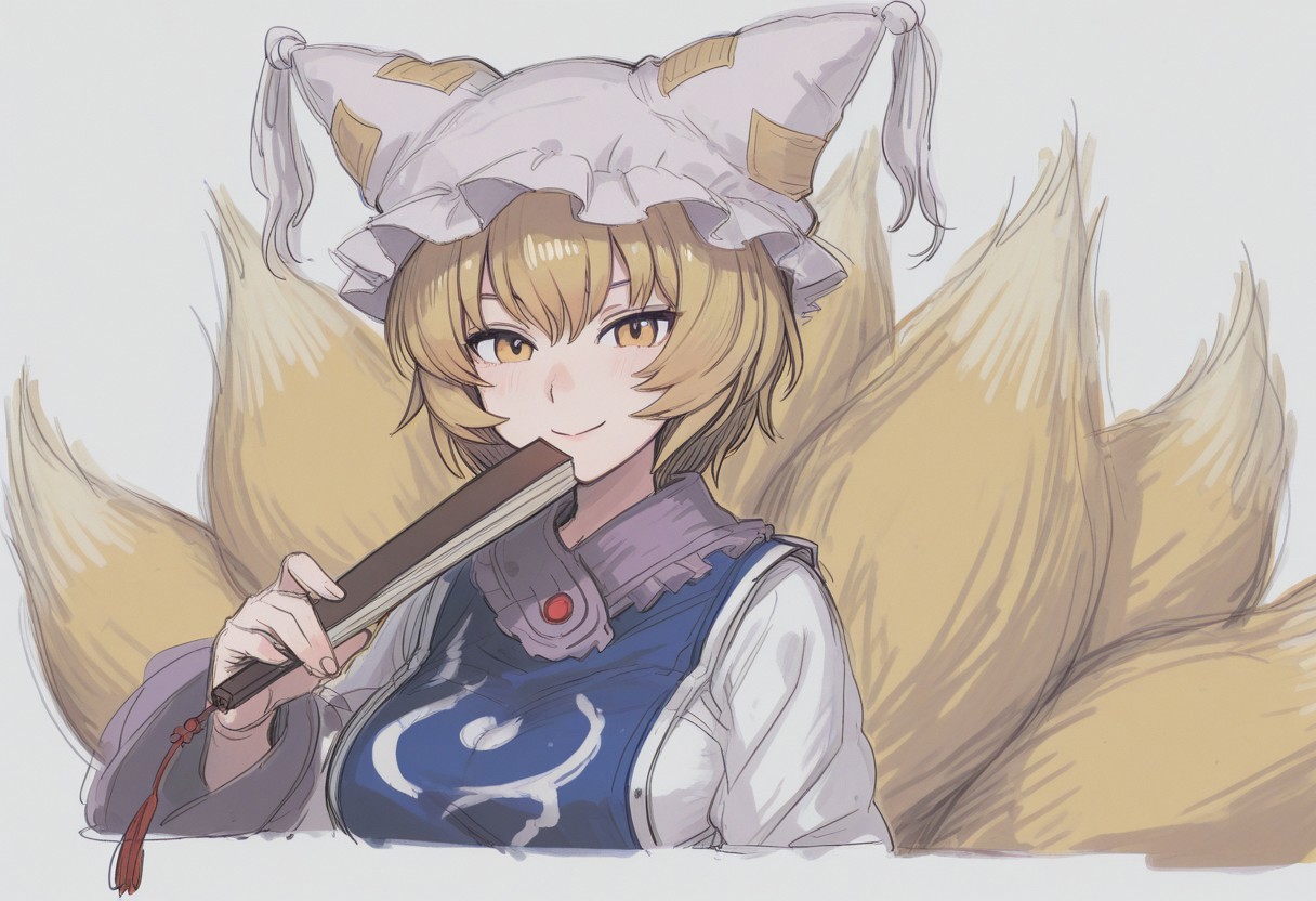 best quality, hires, sketch,
yakumo ran, hand fan, smile,