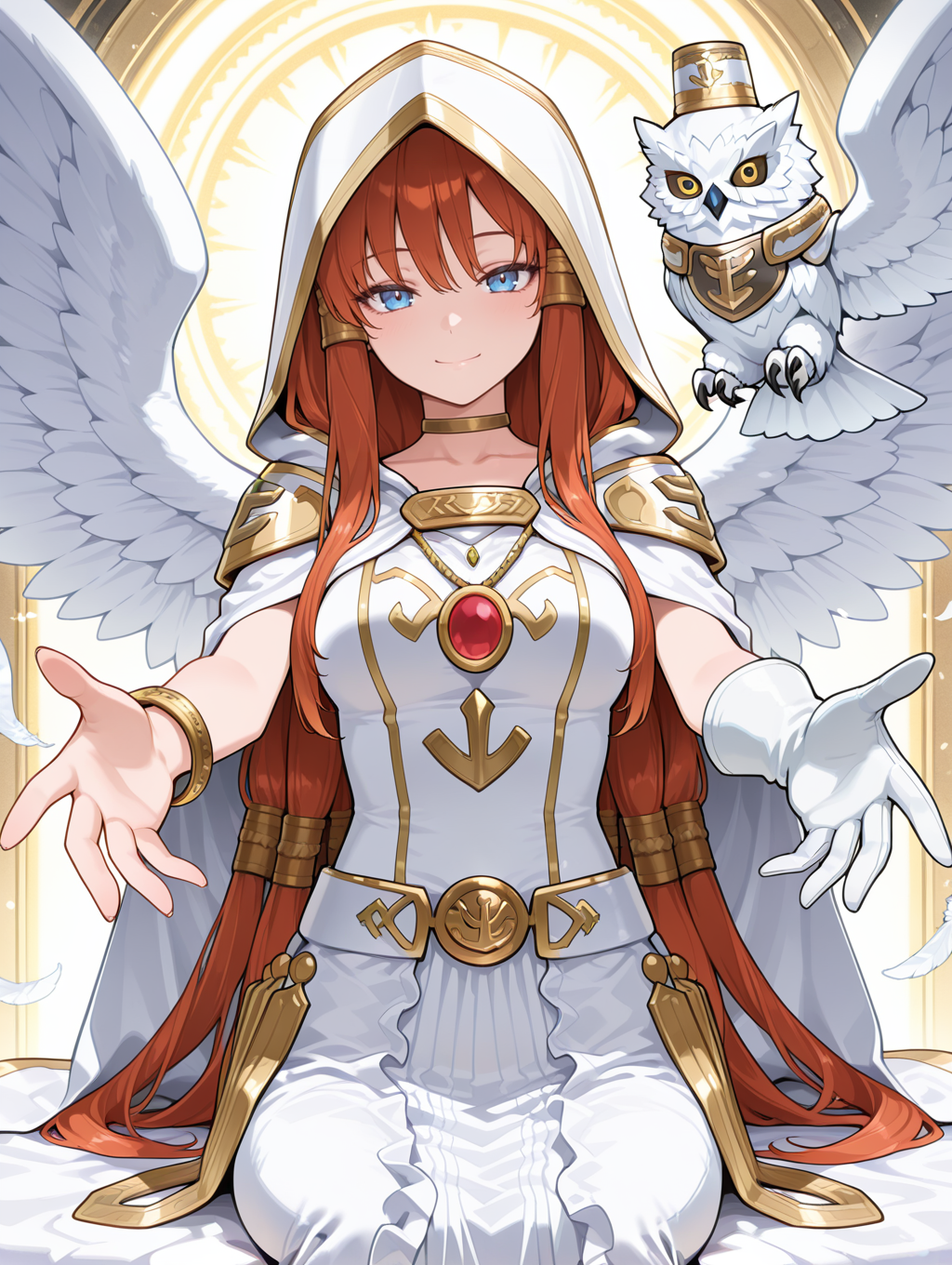 minerva - the exalted lightsworn,1girl,smile,solo,looking at viewer,gold hair tubes,angel wings,gold choker,white cape,white long dress,single white glove,hood up,white hood,gold bracelet,red jewelry,feather,1other,white owl,outstretched hands, 
masterpiece,best quality,amazing quality,very aesthetic,absurdres,newest,<lora:Minerva, the Exalted Lightsworn illuXL v1.1:0.75>,