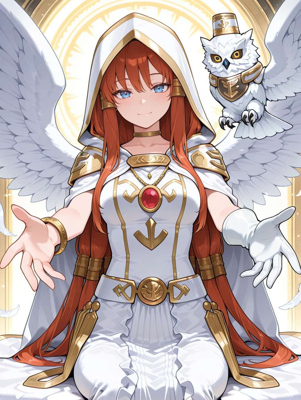 minerva - the exalted lightsworn,1girl,smile,solo,looking at viewer,gold hair tubes,angel wings,gold choker,white cape,white long dress,single white glove,hood up,white hood,gold bracelet,red jewelry,feather,1other,white owl,outstretched hands,
masterpiece,best quality,amazing quality,very aesthetic,absurdres,newest,<lora:Minerva, the Exalted Lightsworn illuXL v1.1:0.75>,