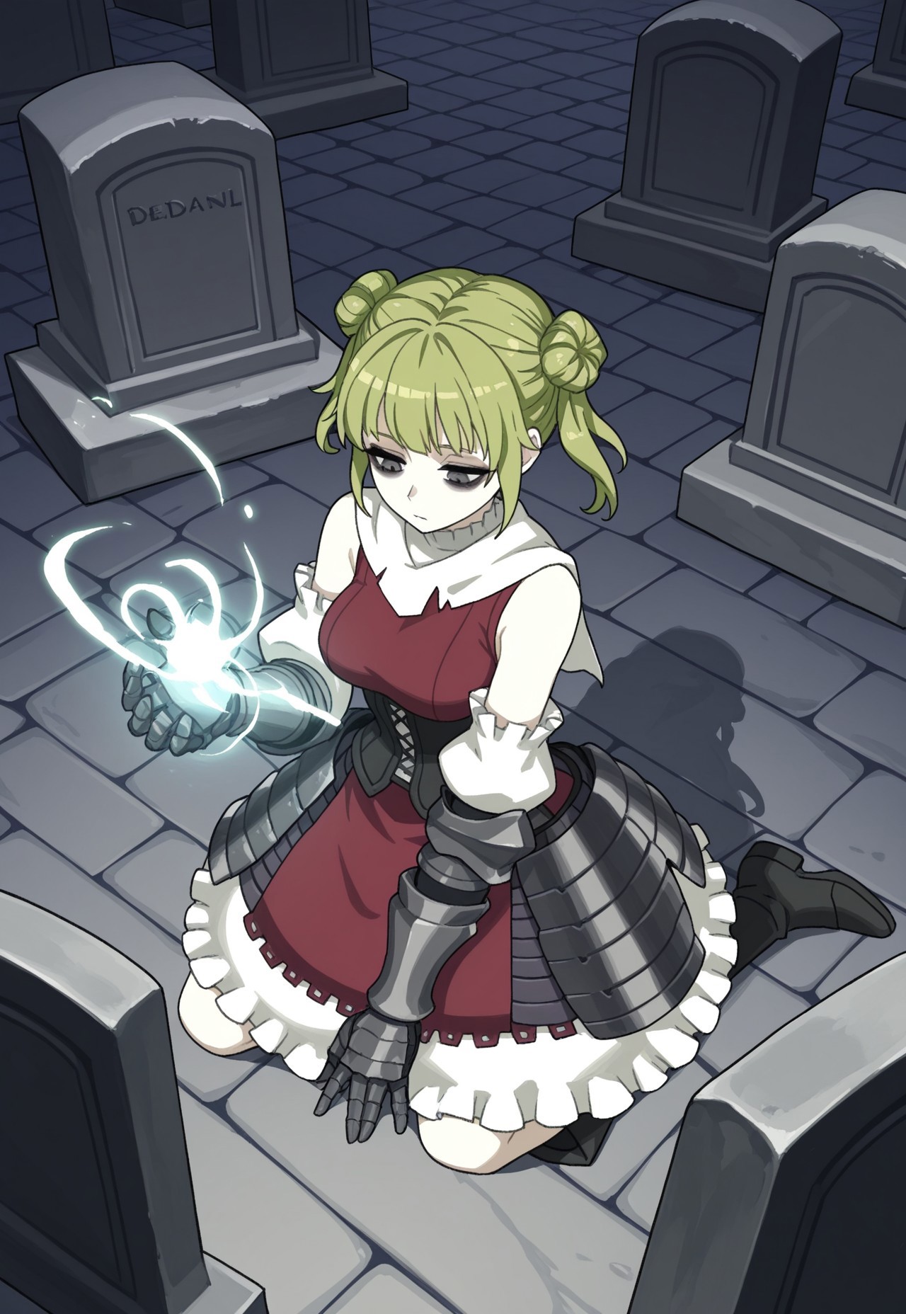 source_vanillaware,

from above,

1girl, solo,

TatianaIL, Tatiana Unicorn Overlord,

light skin, gray eyes, black eyeshadow, bags under eyes, green hair, side buns, twintails, medium breasts,

small shawl, red surcoat, red top, black corset, dress armor, white sleeve tips, dark gauntlets, black boots,

deadpan, looking down, kneeling, casting magic, 

ancient casket, tombstone,

stone floor,
