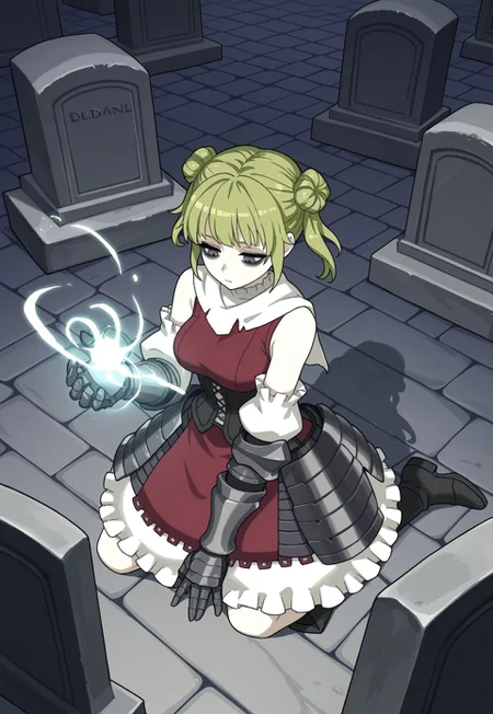 source_vanillaware,
from above,
1girl, solo,
TatianaIL, Tatiana Unicorn Overlord,
light skin, gray eyes, black eyeshadow, bags under eyes, green hair, side buns, twintails, medium breasts,
small shawl, red surcoat, red top, black corset, dress armor, white sleeve tips, dark gauntlets, black boots,
deadpan, looking down, kneeling, casting magic,
ancient casket, tombstone,
stone floor,