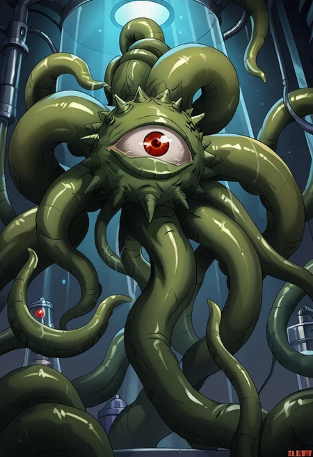 score_8, score_8_up, score_7_up, source_cartoon, no humans, solo, Shuma Gorath, cyclops, red eye, eldritch abomination, tentacles, laboratory