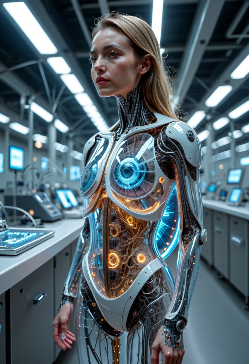 BODY SHOT, extremely detailed, 8k, BEAUTIFUL BLONDE FEMALE ANDROID, IN A HIGH TECH FUTURISTIC LABORATORY, LEDS, BIOMECHANICAL BODY PARTS, (TRANSPARENT ULTRA DETAILED BODY shell:1.5) SHOWING blue and gold CIRCUITRY shining bright INSIDE THE BODY, Detailed hand, (DYNAMIC POSES :1.5),  ,EyesHD