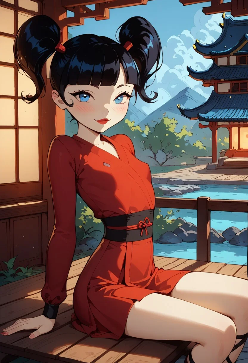 score_9, score_8_up, score_8, sexy 22 year old girl sexy posing, kimiko 1girl, black hair, solo, blue eyes, twintails, bangs, smile, long sleeves, red clothing, white sticking, blunt bangs, looking at viewer, lipstick ,masterpiece, petite body, petite body, cinematic lighting, glowing, fire, small breasts, perfect face, slender body, worried look on face, petite body, sitting, shy blushing, Japanese garden, bench , amazing lighting