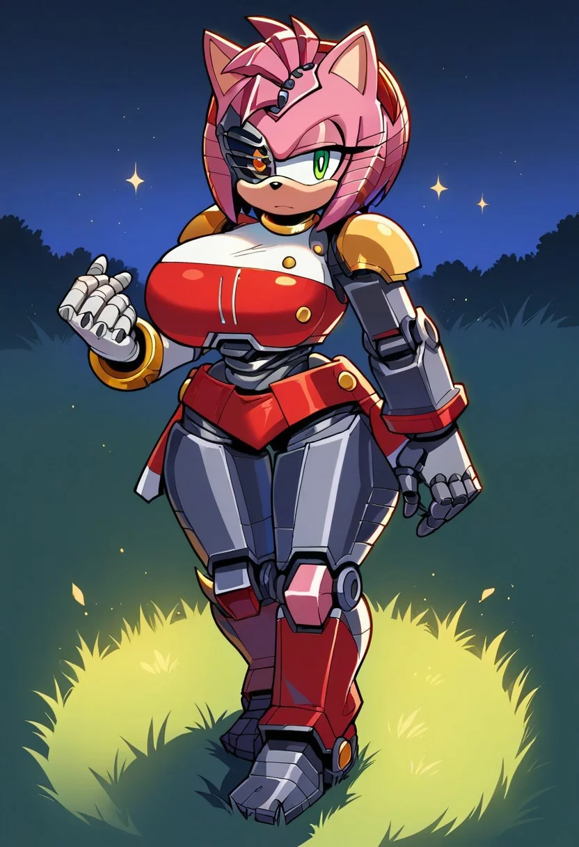 BREAK Score_9, Score_8_up, Score_7_up, source_anime, anime style, 1girl, rustyrose, metal plate in the right eye, robotic ears, robotic spikes, (robotic armor:1.7), (huge breasts:1.1), hick thighs, wide hips, full body, grass, night, perfecteyes, (negative_hand),