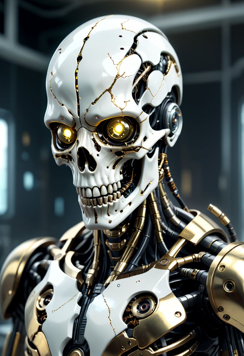 tribal warpaint, Cyberpunk,sci-fi,dark-fantasy,kodak portrait 400,8k,soft light,volumetric lighting,highly detailed,britt marling style 3/4,portrait photo of a war man cyborg robot in a chemical laboratory + face,face is skullbone with scares and cracks,intricate,elegant,highly detailed,kintsugi,white and gold,repaired with gold,2D motifs detailed dark fantasy digital painting,artstation,concept art,smooth,sharp focus,illustration. Cosmic light in backfront,