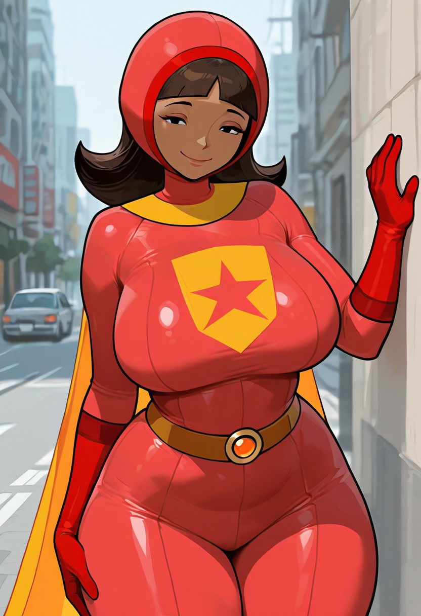 1girl, Word Woman, Brown Hair, long hair, mature female, Gloves, Red Gloves, Belt, Bodysuit, Cape, half body shot, Black Eyes, Dark Skinned Female, breasts, wide hips, thick thighs, curvy, plump, tall, city, looking at viewer, seductive smile, sexy pose, leaning against wall, detailed, masterpiece, bestquality, absurdres, ng_deepnegative_v1_75t, easynegative,