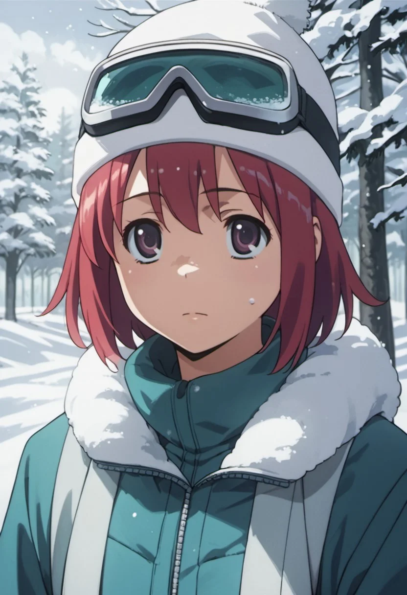 score_9, score_8_up, score_7_up, source_anime, kushieda minori, red hair, short hair, purple eyes, 1girl, solo, goggles, snow, hat, tree, snowing