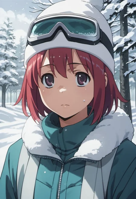 score_9, score_8_up, score_7_up, source_anime, kushieda minori, red hair, short hair, purple eyes, 1girl, solo, goggles, snow, hat, tree, snowing
