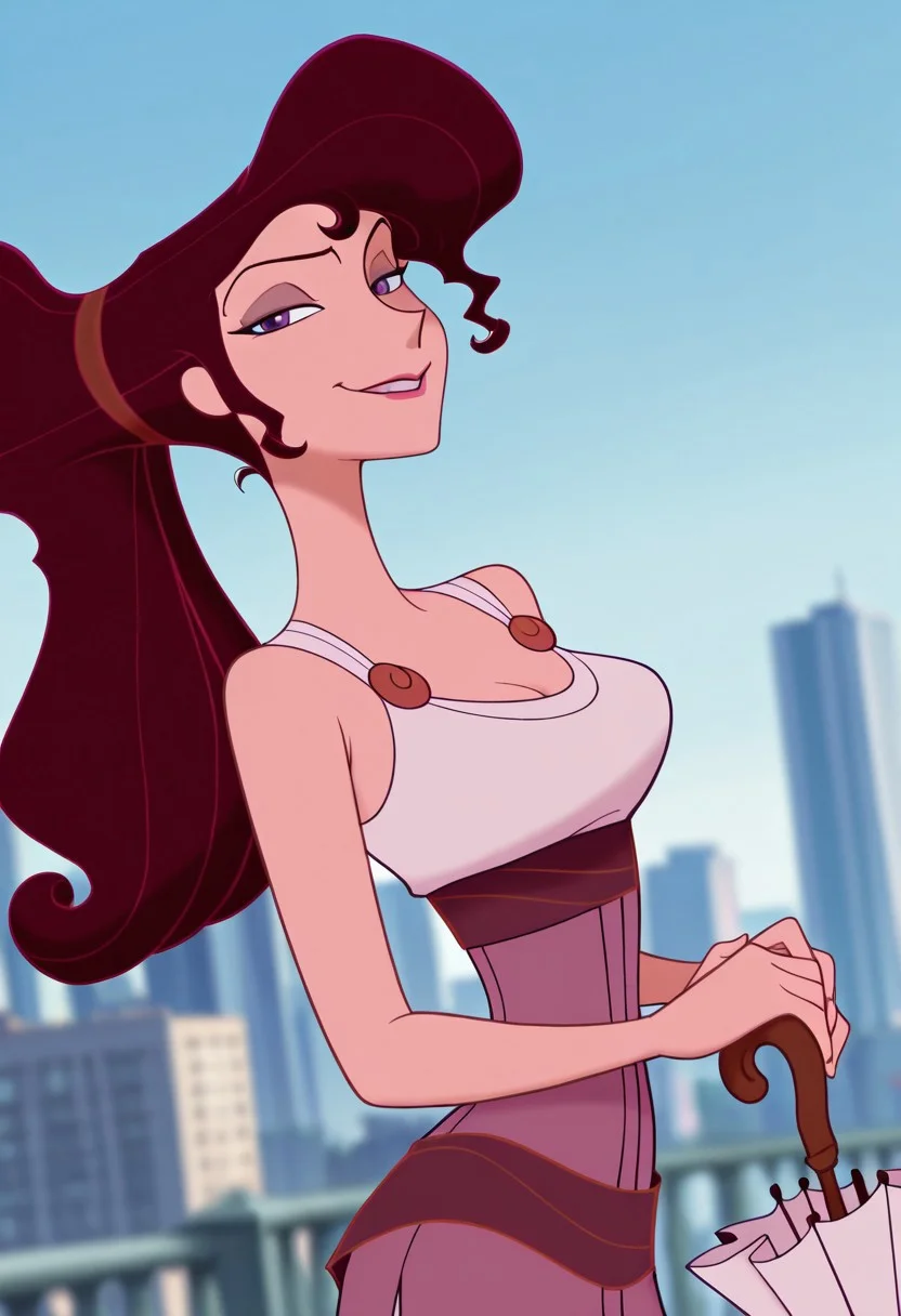 (anime screencap:1.2), blurry background,
m_ra, 1girl, brown ponytail hair, hair bangs, purple eyes, medium breast, eyes,
looking at viewer, confidant smirk, cocky smile, holding umbrella, white umbrella, young, city, clear sky, blue sky,