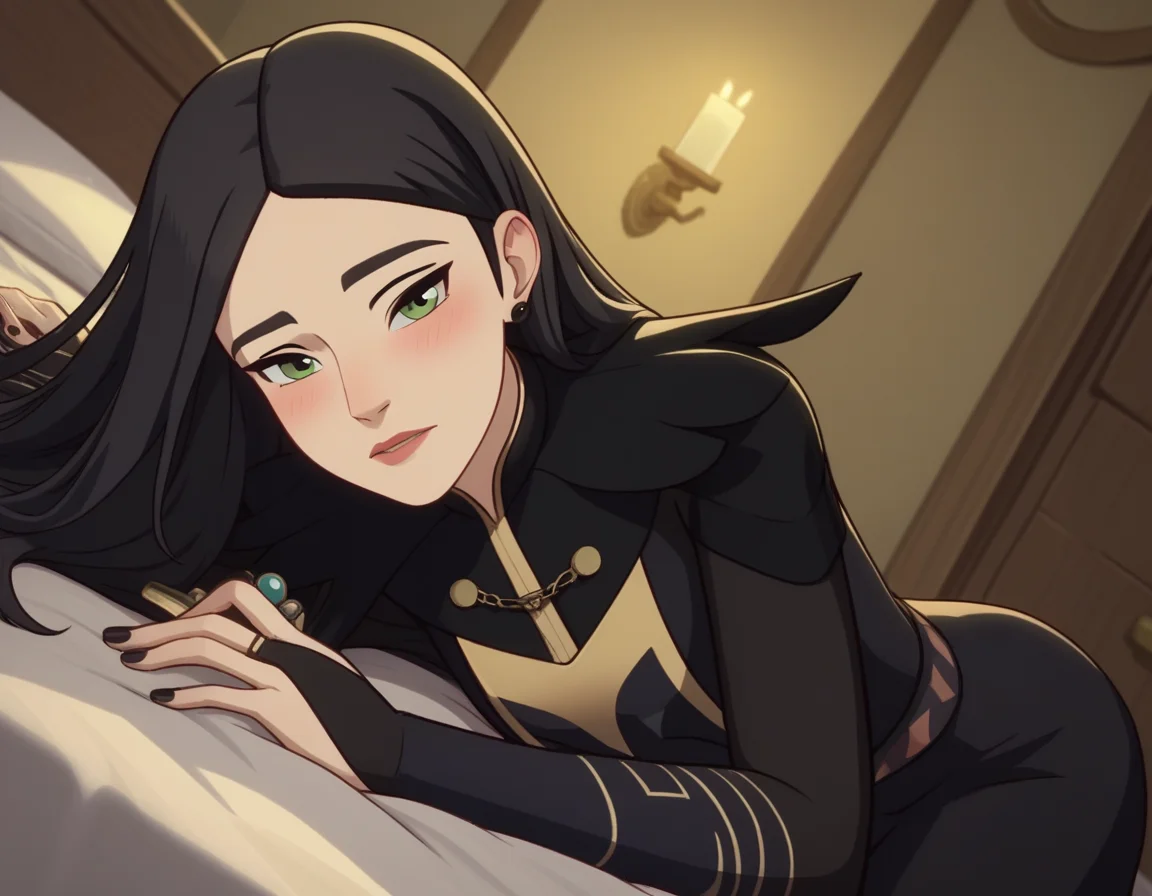 score_9, score_8_up, score_7_up, source_anime, <lora:dragon-prince-claudia-ponyxl-lora-nochekaiser:1>, claudia, long hair, black hair, green eyes, lips,, long sleeves, dress, jewelry, earrings, nail polish, black dress, black nails,, indoors, bed, bed room, on side, blush, drunk, looking at viewer, solo, cowboy shot, dutch angle