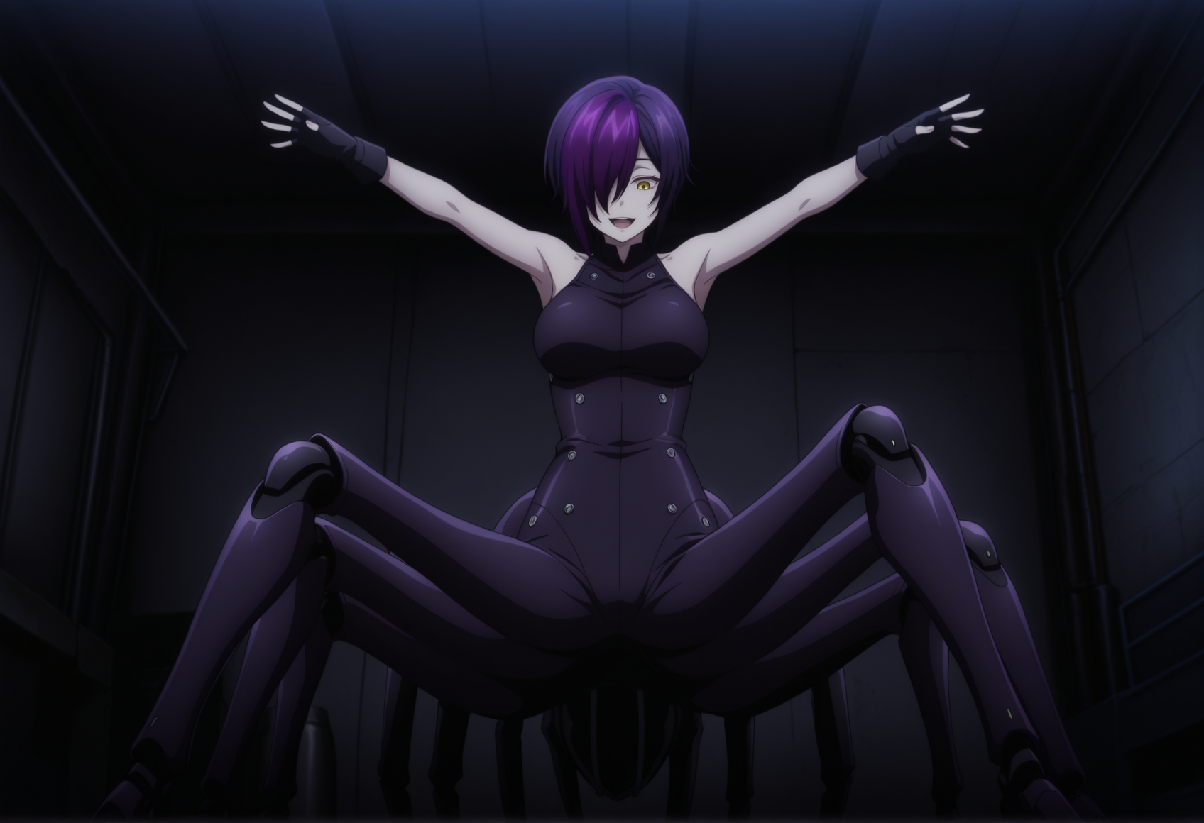 anime screencap, anime coloring, monster girl, arachne, spider girl, extra legs, 1girl, short hair, yellow eyes, multicolored hair, purple hair, hair over one eye, armored bodysuit, armor, looking down, sleeveless, fingerless gloves, arms up, hands up, looking down, smile, open mouth, indoors, garage, mechanical legs, mechanical spider, outstretched arms, <lora:Nihilo_ishura:0.8>, masterpiece, best quality, amazing quality, very aesthetic, absurdres, highres, newest