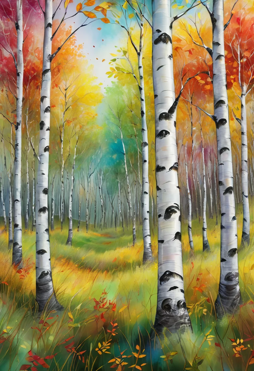 a grove of slender birch trees swaying in the breeze, a tree with multicolored leaves, <lora:Artfully_TREES2-000003:0.6>, accented with metallic sheen, with intricate line work, professional drawing, sketched with loose strokes, using alcohol ink techniques, depth map masterpiece, detailed, best quality, absurd resolution uhd, 8k,