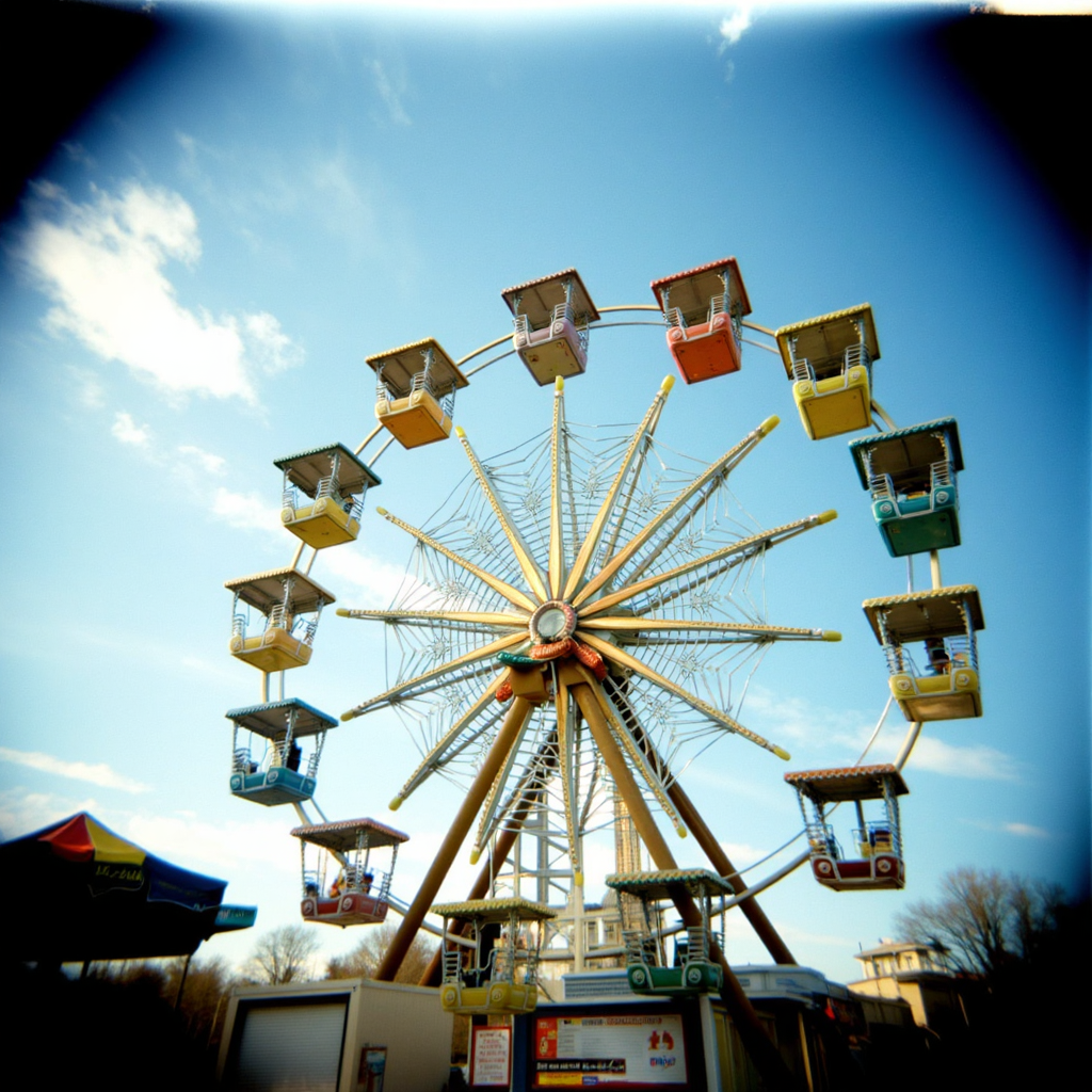 Shot with a Holga camera, a carnival ferris wheel against the sky