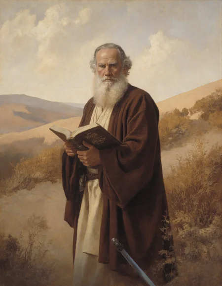 Lev Tolstoy as Obi-Wan Kenobi, wise old Jedi Master with long white beard and deep-set eyes, wearing a brown Jedi robe with rich folds and soft textures, holding a blue lightsaber in one hand and an open book "War and Peace" in the other, standing on a path where Russian countryside meets Tatooine dunes, Rembrandt-style chiaroscuro lighting with warm golden highlights and dramatic shadows, Baroque oil painting style, atmospheric mood, historical realism, cinematic depth --ar 3:4 --style raw --stylize 700, <lora:t0lst0y:1> <lora:Dark_Fantasy_Pulp_Pinup:0.7>