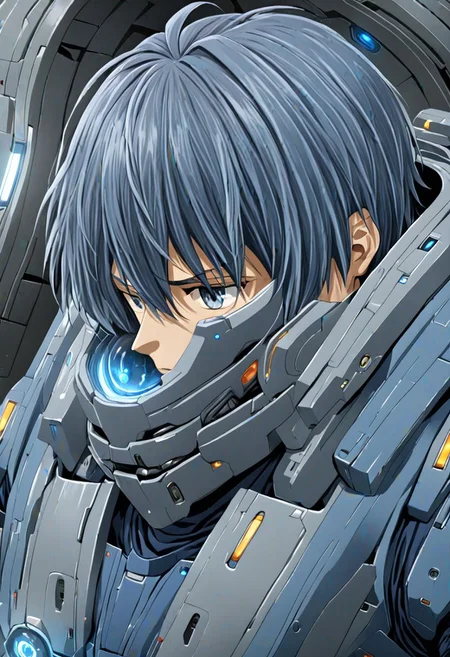 high resolution, solo, best quality, 1Boy, Tomoya Okazaki, Grey Blue Hair, Science Fiction, OverallDetail