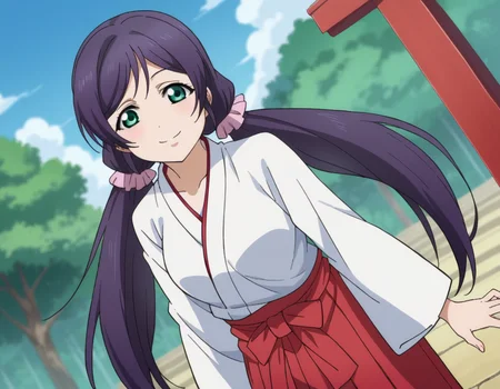 score_9, score_8_up, score_7_up, source_anime,
nozomitoujou, <lora:nozomi-toujou-ponyxl-lora-nochekaiser:1>
nozomi toujou, green eyes, purple hair, twintails, low twintails, scrunchie, long hair, smile,
hakama, hakama skirt, japanese clothes, miko, red hakama, long sleeves,
outdoors, shrine, bent over,
looking at viewer, cowboy shot, dutch angle,
