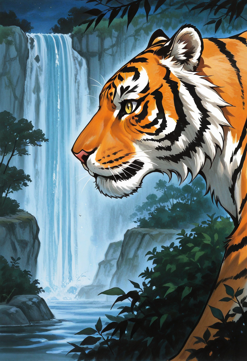 no humans, tiger, walking, bush, from side, animal focus, (close-up:1.5), eye focus,
BREAK
night, waterfall, darkness,
BREAK
<lora:Ink_wash_painting_style_from_Doubao_AI:0.8> dbiwpstyle, traditional media, retro artstyle,
BREAK
best quality, masterpiece, very aesthetic, absurdres, highest detailed, very awa, detailed background,