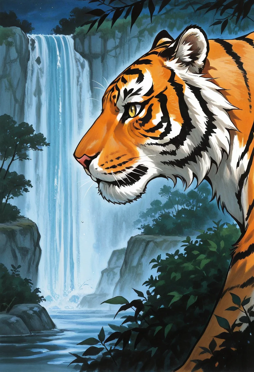 no humans, tiger, walking, bush, from side, animal focus, (close-up:1.5), eye focus,
BREAK
night, waterfall, darkness,
BREAK
<lora:Ink_wash_painting_style_from_Doubao_AI:0.8> dbiwpstyle, traditional media, retro artstyle,
BREAK
best quality, masterpiece, very aesthetic, absurdres, highest detailed, very awa, detailed background,